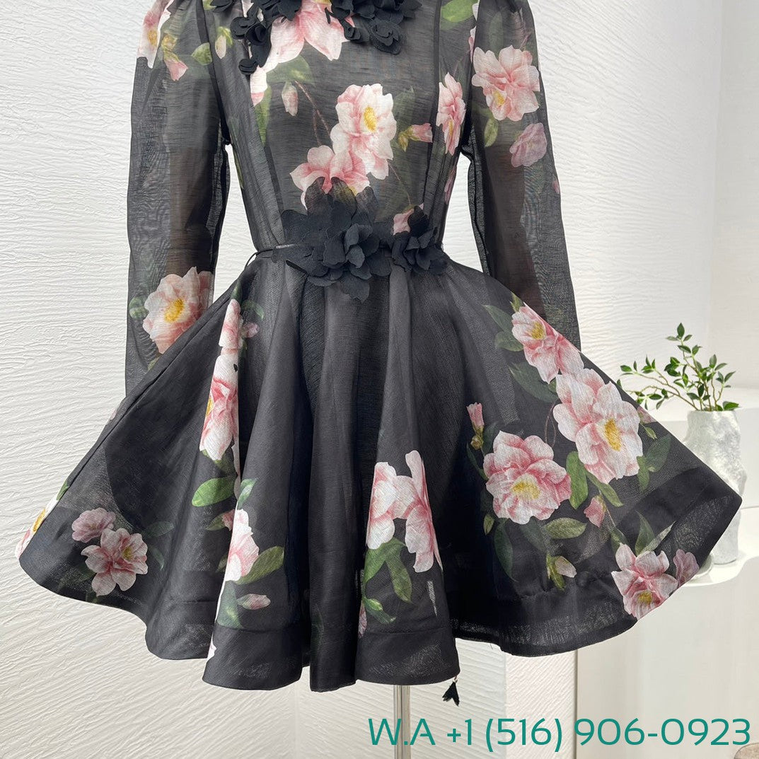 Zimmermann Black Camellia Flower Print Long Sleeve Three-Dimensional Small Flower Decoration Mini Dress