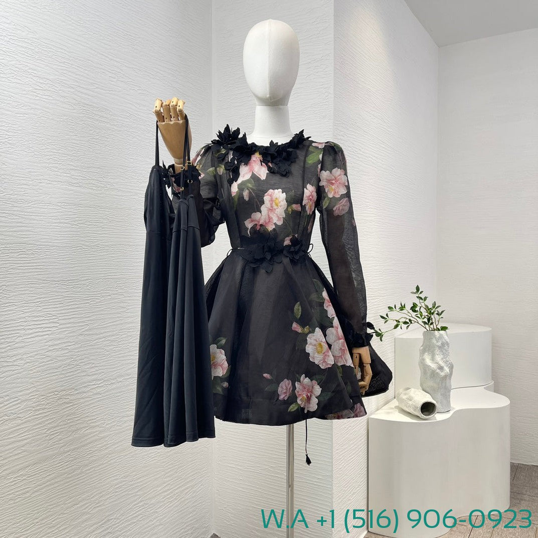Zimmermann Black Camellia Flower Print Long Sleeve Three-Dimensional Small Flower Decoration Mini Dress