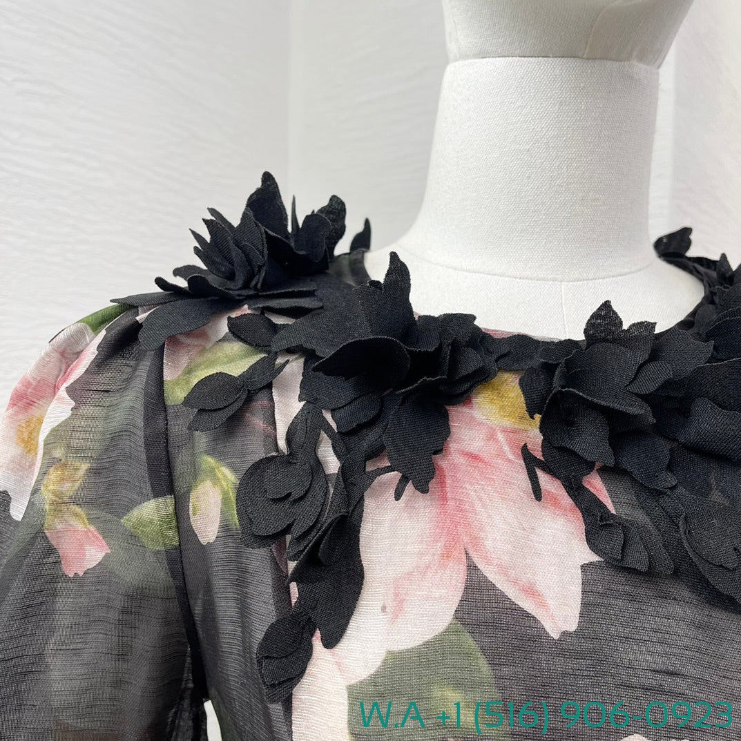 Zimmermann Black Camellia Flower Print Long Sleeve Three-Dimensional Small Flower Decoration Mini Dress