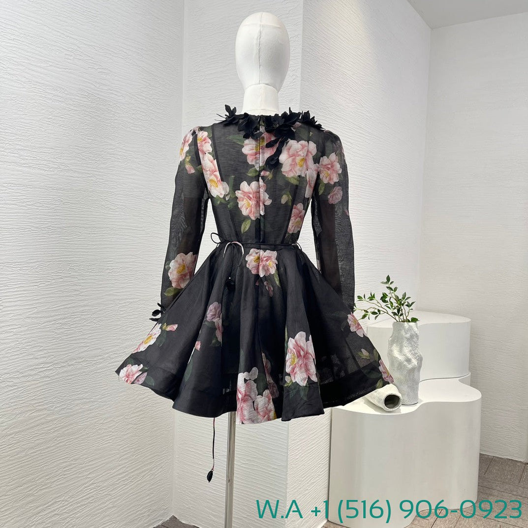 Zimmermann Black Camellia Flower Print Long Sleeve Three-Dimensional Small Flower Decoration Mini Dress