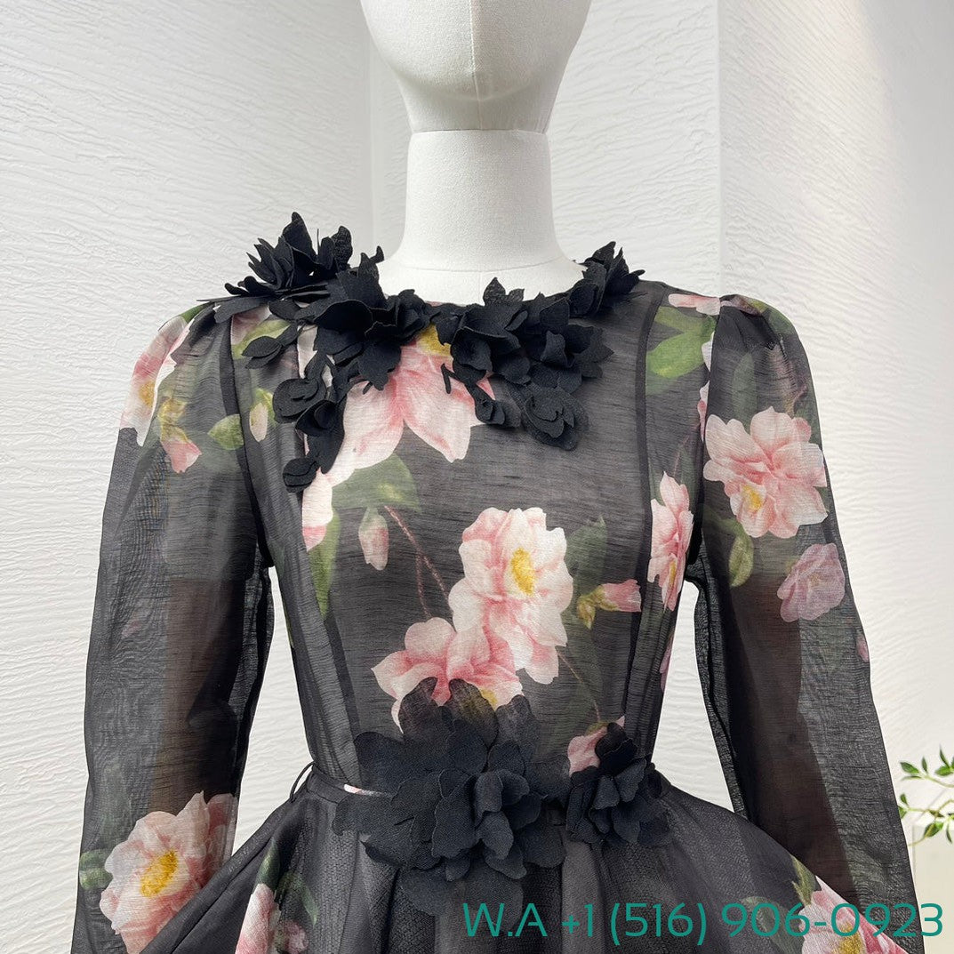 Zimmermann Black Camellia Flower Print Long Sleeve Three-Dimensional Small Flower Decoration Mini Dress