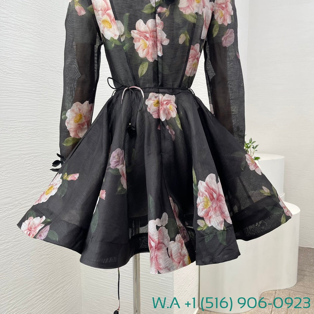 Zimmermann Black Camellia Flower Print Long Sleeve Three-Dimensional Small Flower Decoration Mini Dress