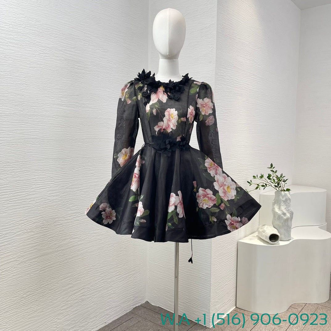 Zimmermann Black Camellia Flower Print Long Sleeve Three-Dimensional Small Flower Decoration Mini Dress