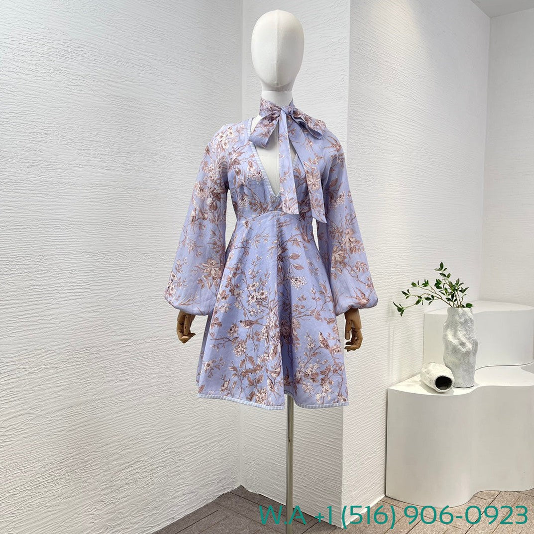 Zimmermann Blue Robin Floral Print Long Sleeve V-Neck Mini Dress