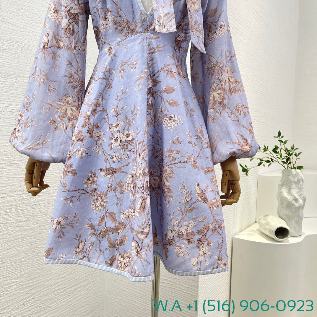 Zimmermann Blue Robin Floral Print Long Sleeve V-Neck Mini Dress