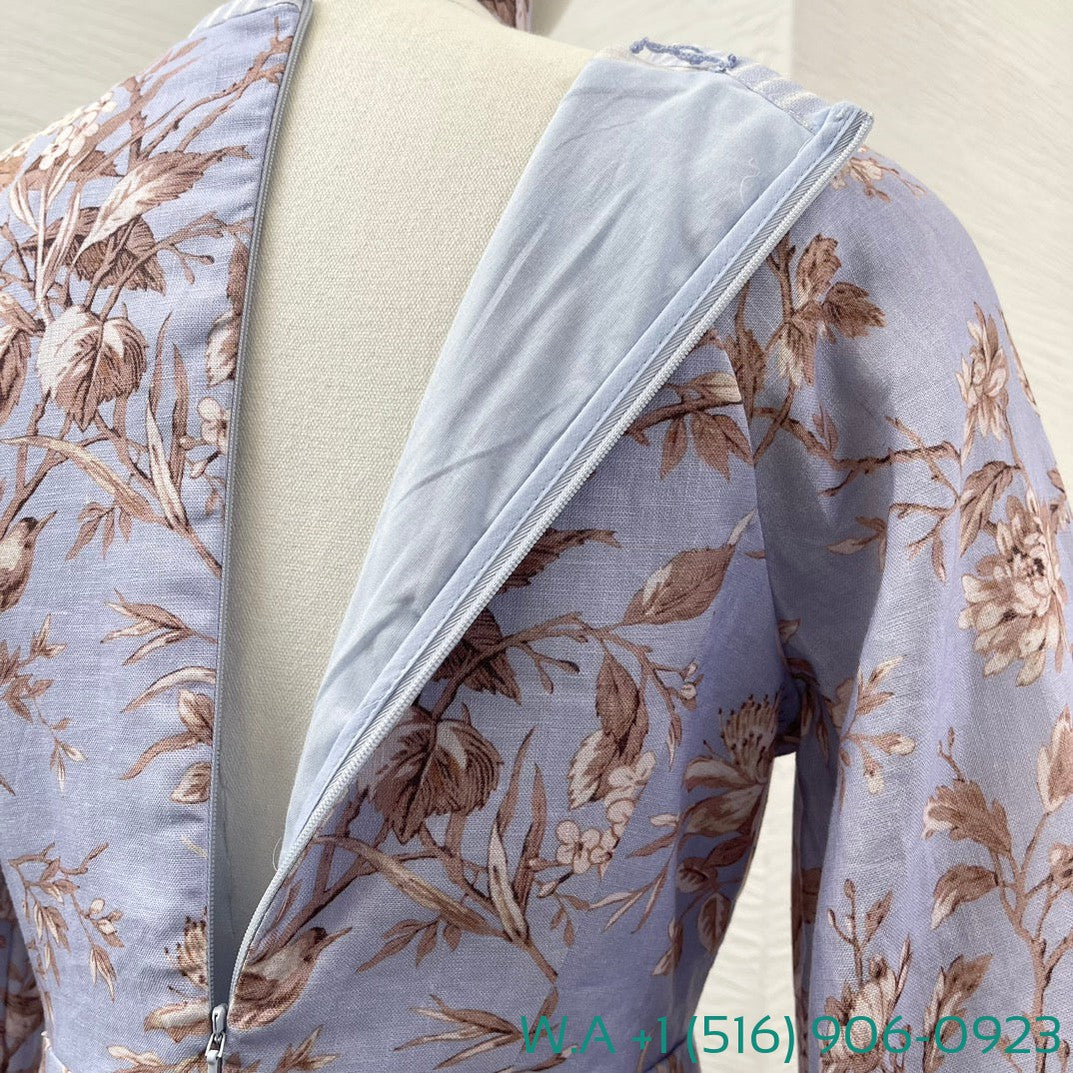 Zimmermann Blue Robin Floral Print Long Sleeve V-Neck Mini Dress