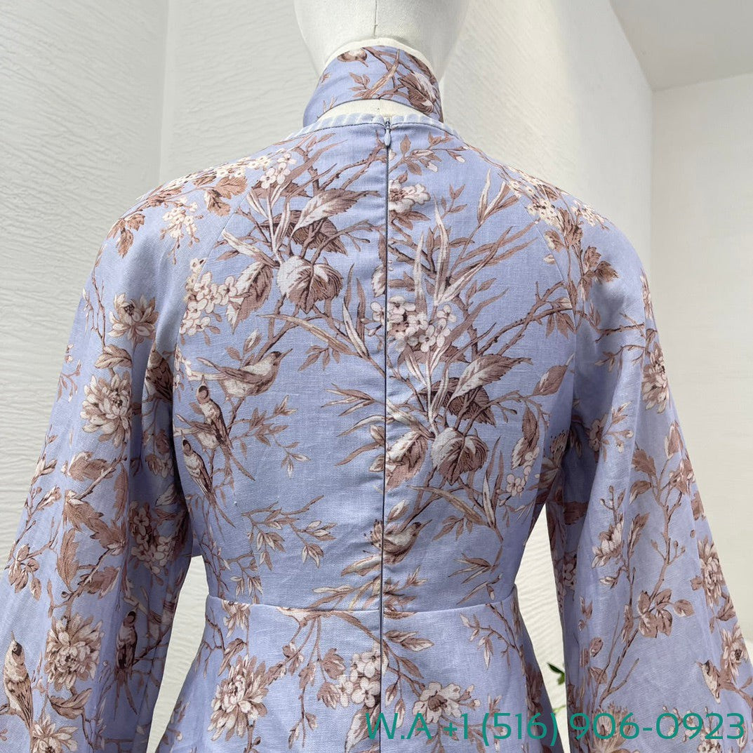 Zimmermann Blue Robin Floral Print Long Sleeve V-Neck Mini Dress