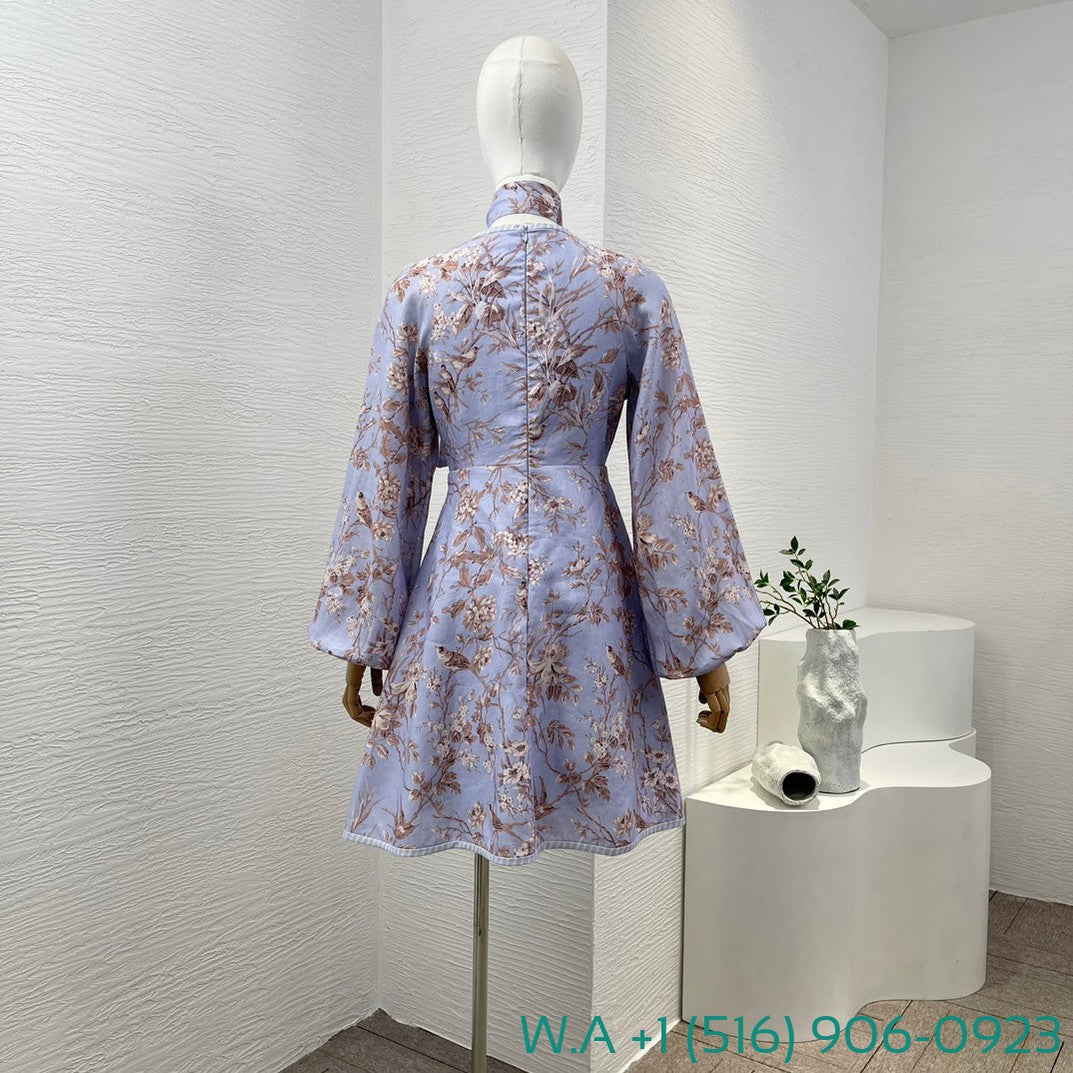 Zimmermann Blue Robin Floral Print Long Sleeve V-Neck Mini Dress