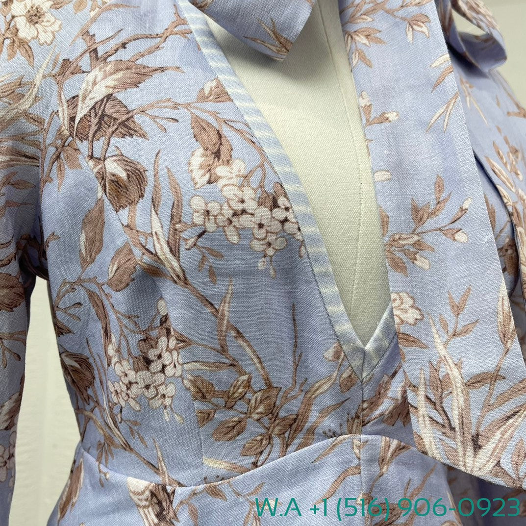 Zimmermann Blue Robin Floral Print Long Sleeve V-Neck Mini Dress