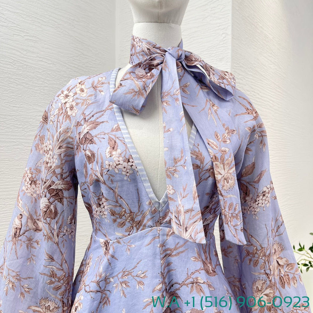 Zimmermann Blue Robin Floral Print Long Sleeve V-Neck Mini Dress