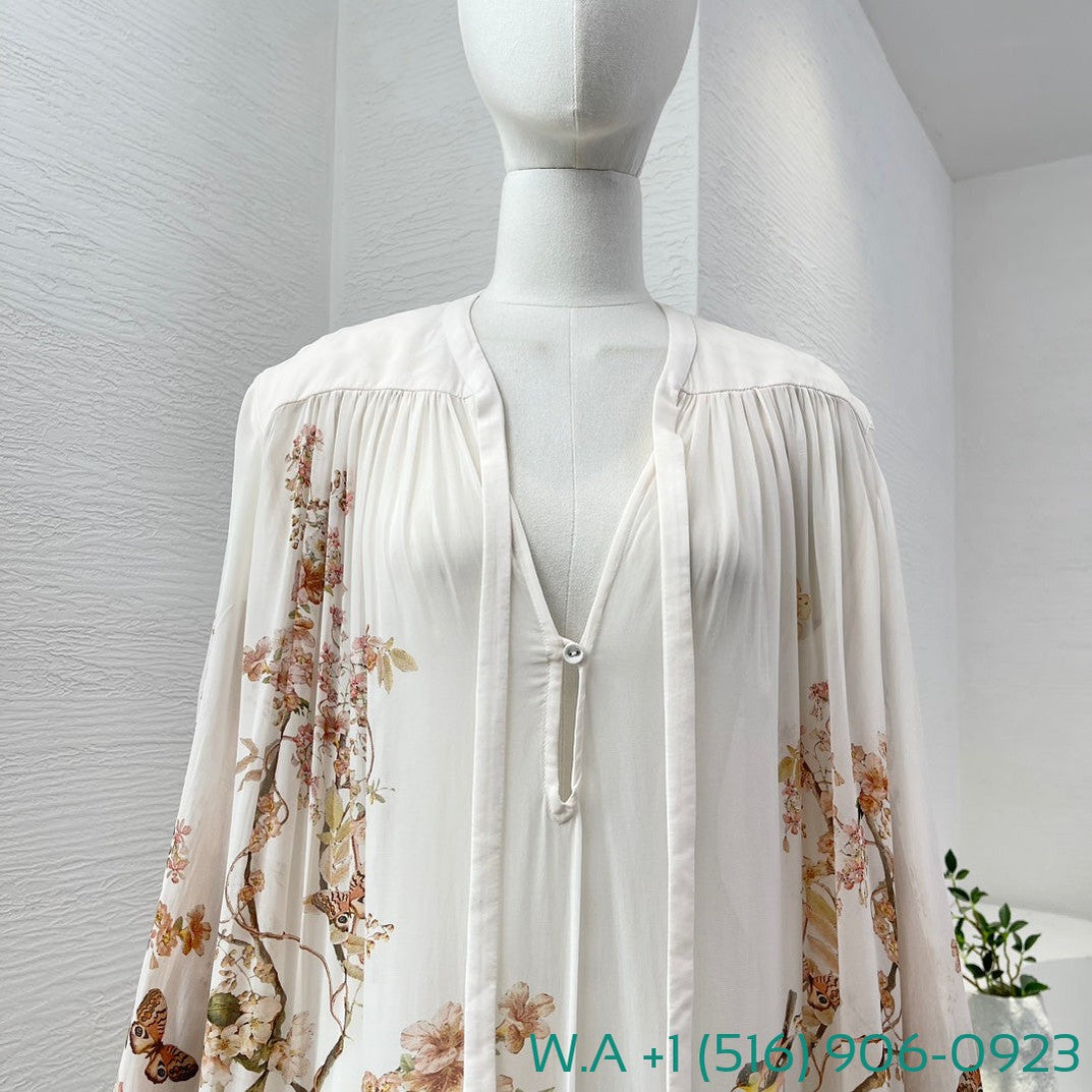 Zimmermann White Coral Floral Print V-Neck Pleated Mini Dress