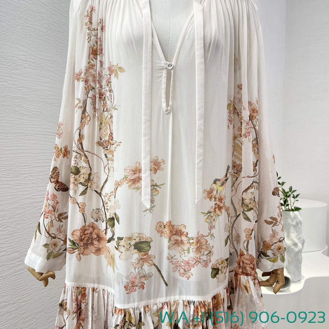 Zimmermann White Coral Floral Print V-Neck Pleated Mini Dress