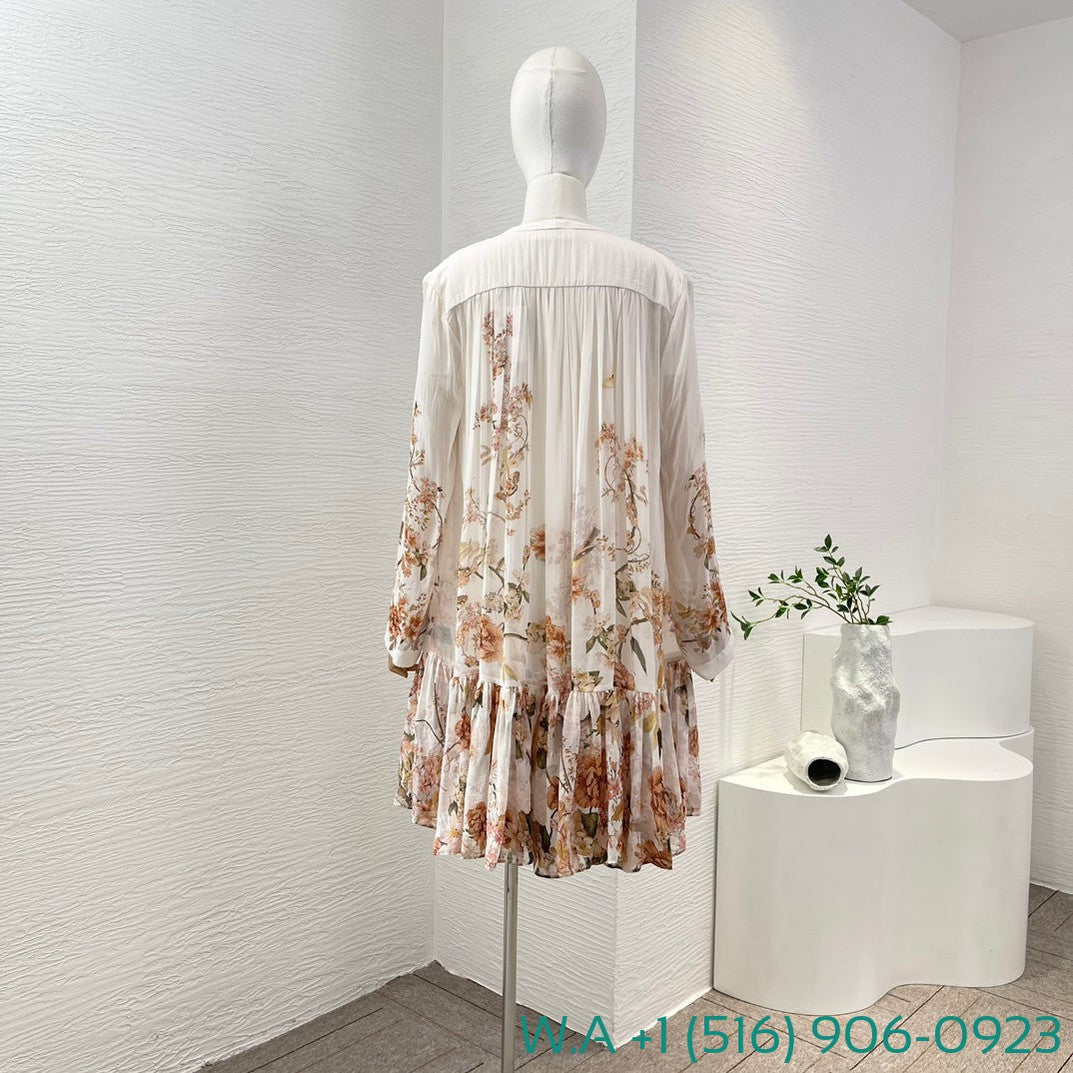 Zimmermann White Coral Floral Print V-Neck Pleated Mini Dress