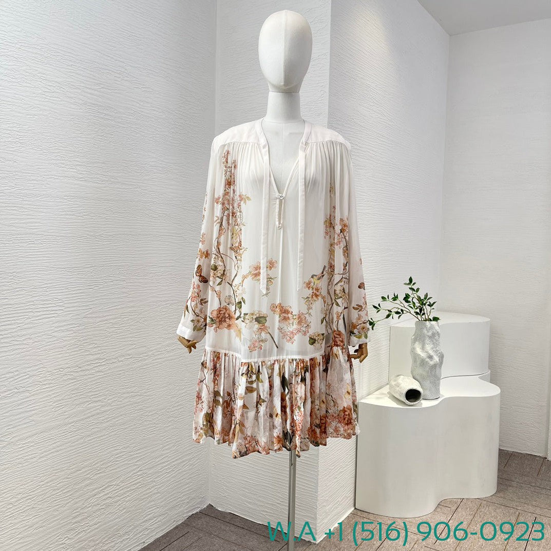 Zimmermann White Coral Floral Print V-Neck Pleated Mini Dress