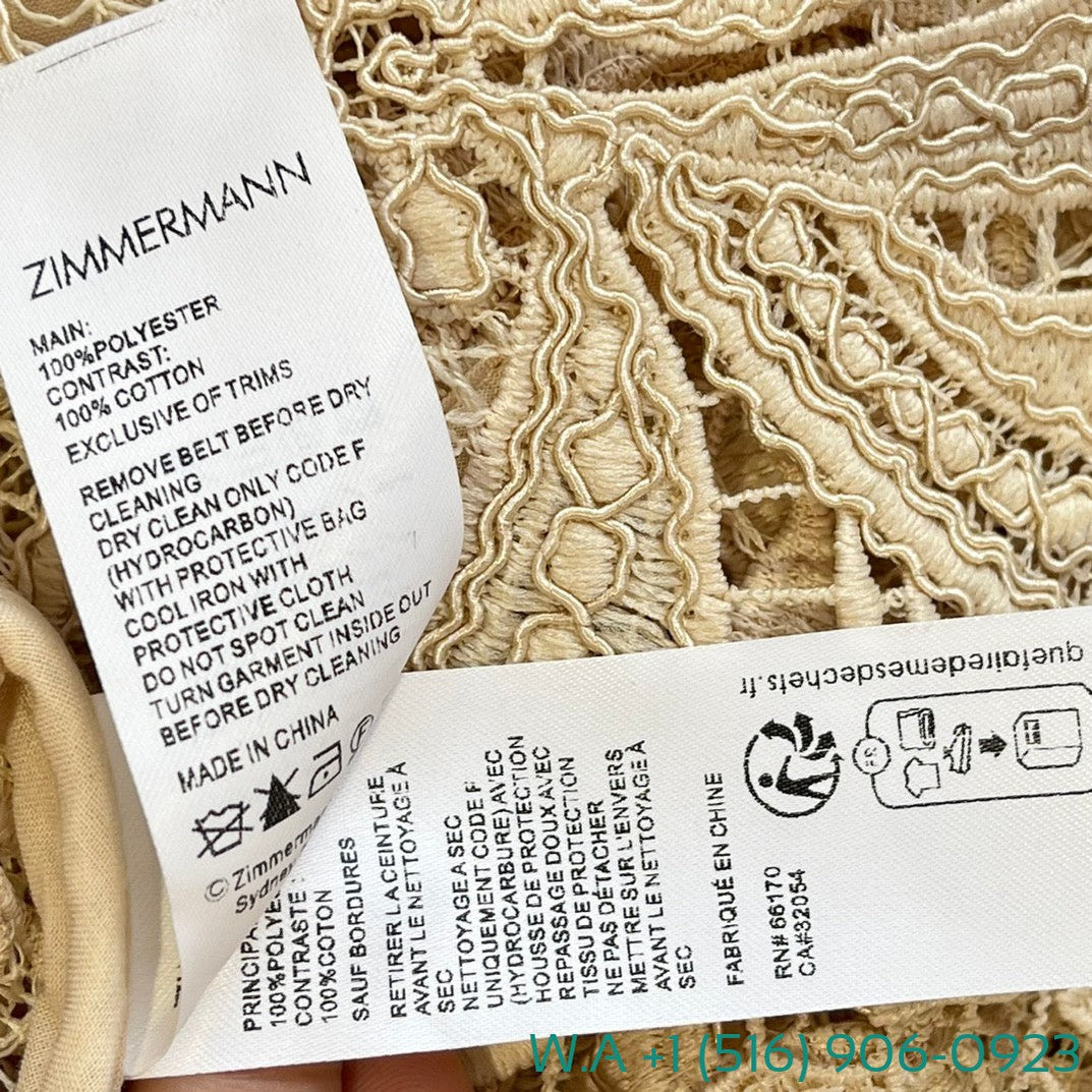 Zimmermann Beige Long Sleeve Hollow Out Lace Patchwork Tightens The Waist Midi Dress