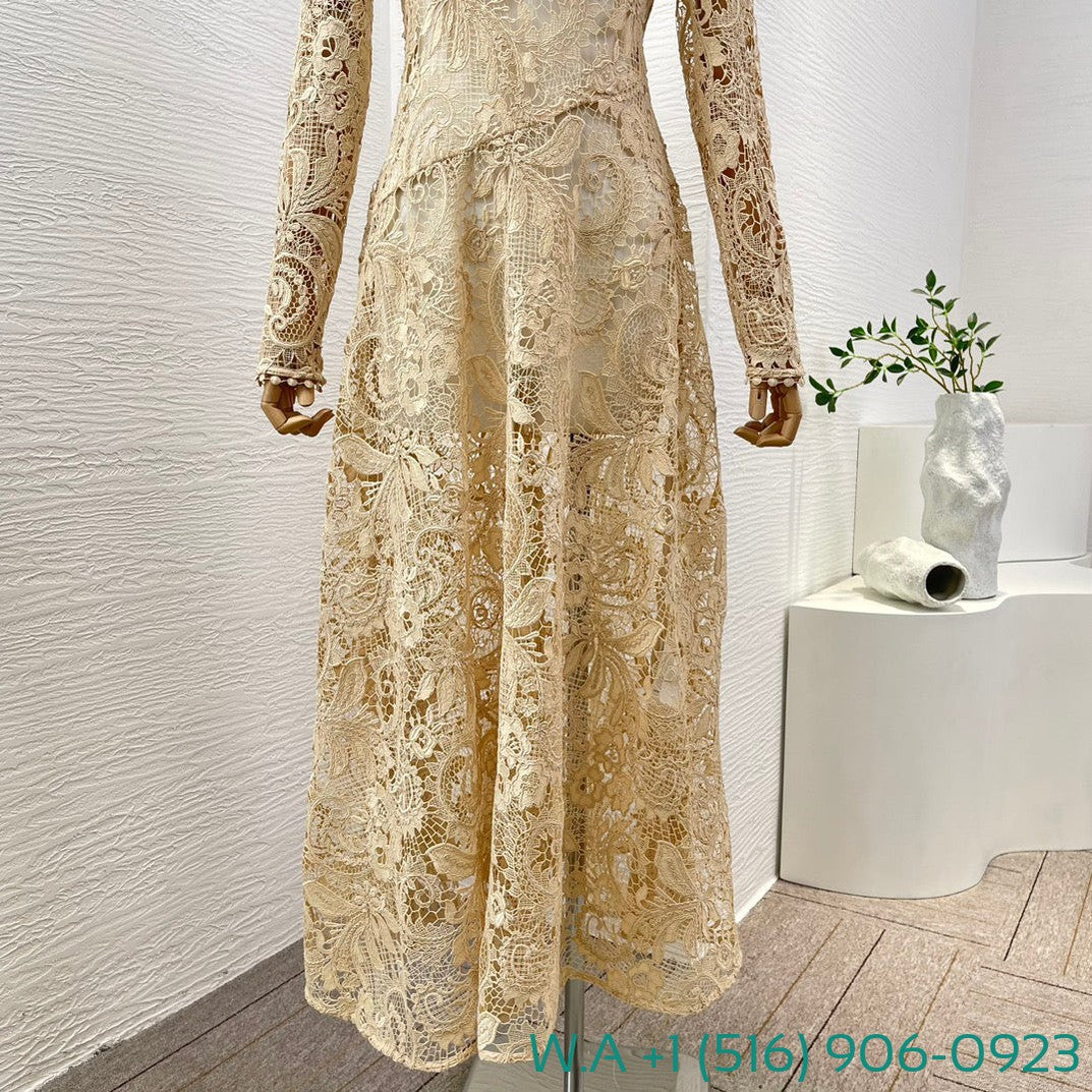 Zimmermann Beige Long Sleeve Hollow Out Lace Patchwork Tightens The Waist Midi Dress