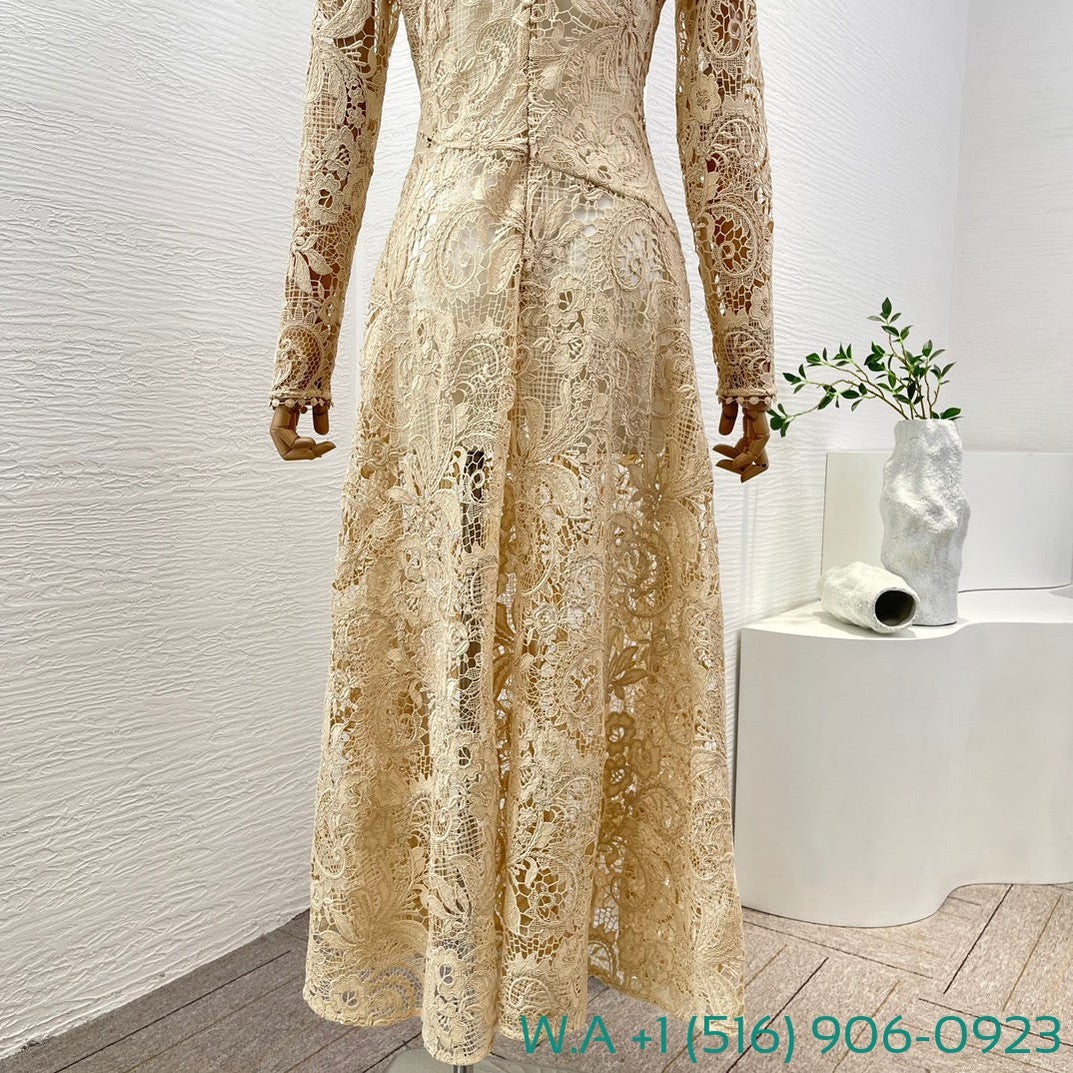 Zimmermann Beige Long Sleeve Hollow Out Lace Patchwork Tightens The Waist Midi Dress