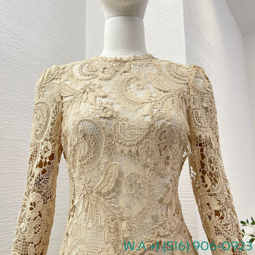 Zimmermann Beige Long Sleeve Hollow Out Lace Patchwork Tightens The Waist Midi Dress