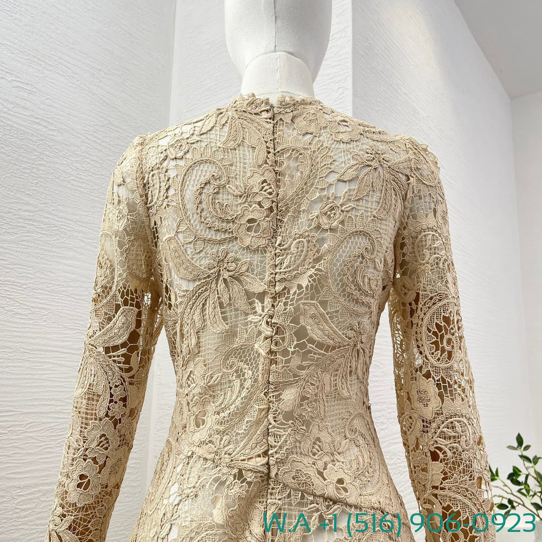 Zimmermann Beige Long Sleeve Hollow Out Lace Patchwork Tightens The Waist Midi Dress