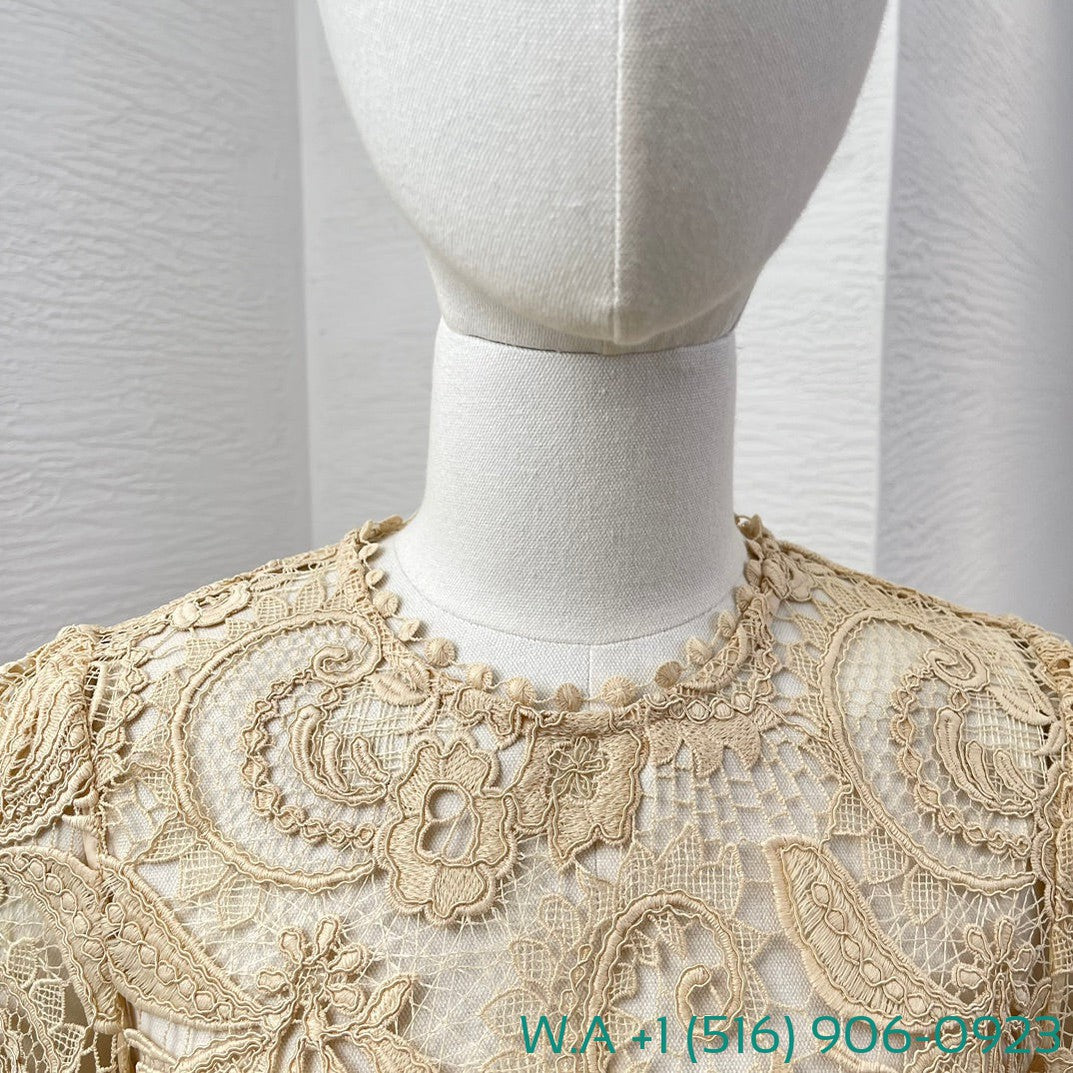 Zimmermann Beige Long Sleeve Hollow Out Lace Patchwork Tightens The Waist Midi Dress