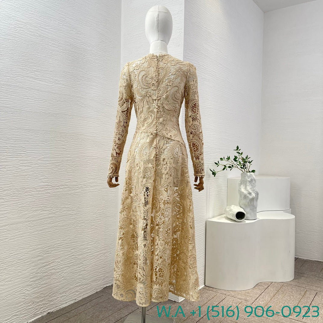 Zimmermann Beige Long Sleeve Hollow Out Lace Patchwork Tightens The Waist Midi Dress