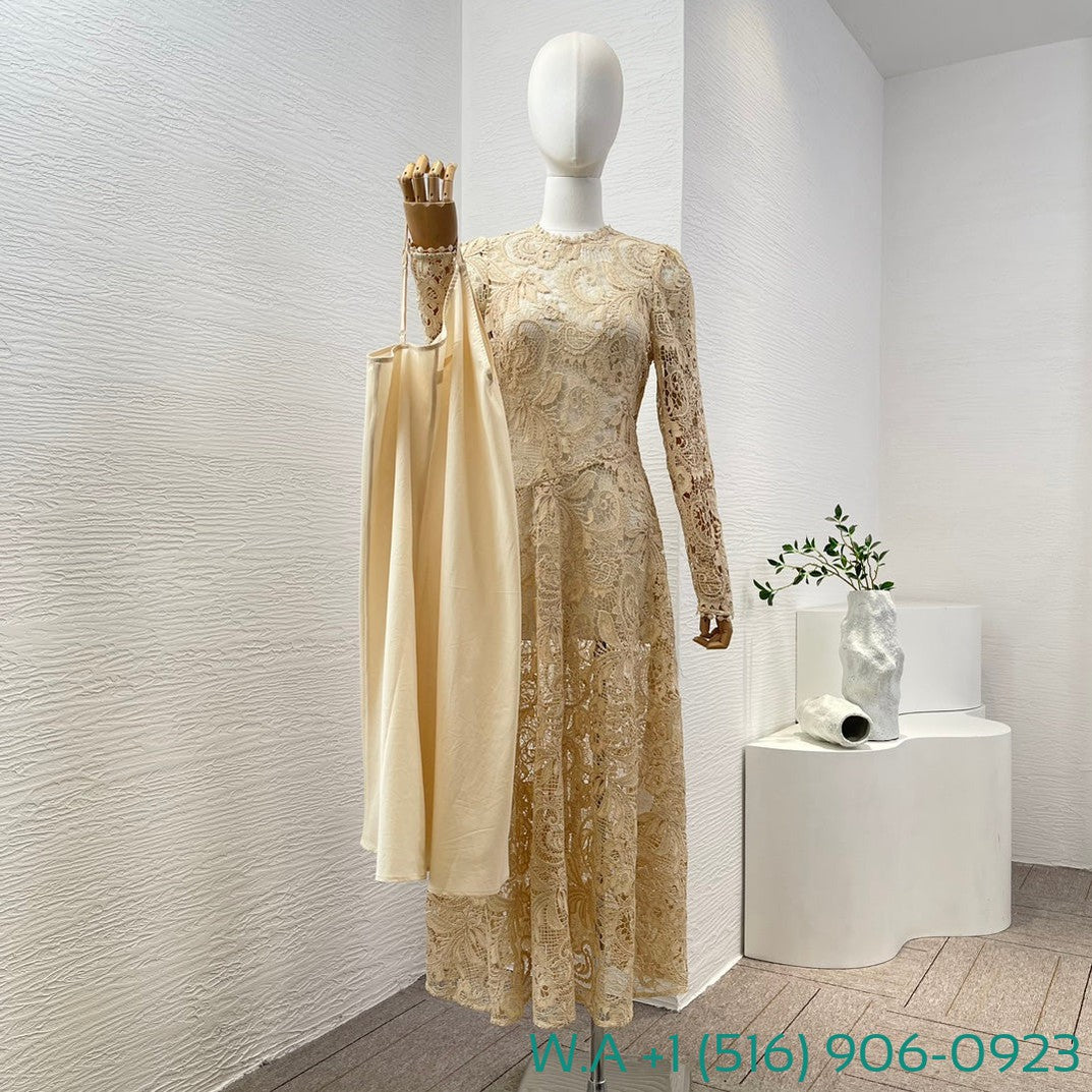 Zimmermann Beige Long Sleeve Hollow Out Lace Patchwork Tightens The Waist Midi Dress