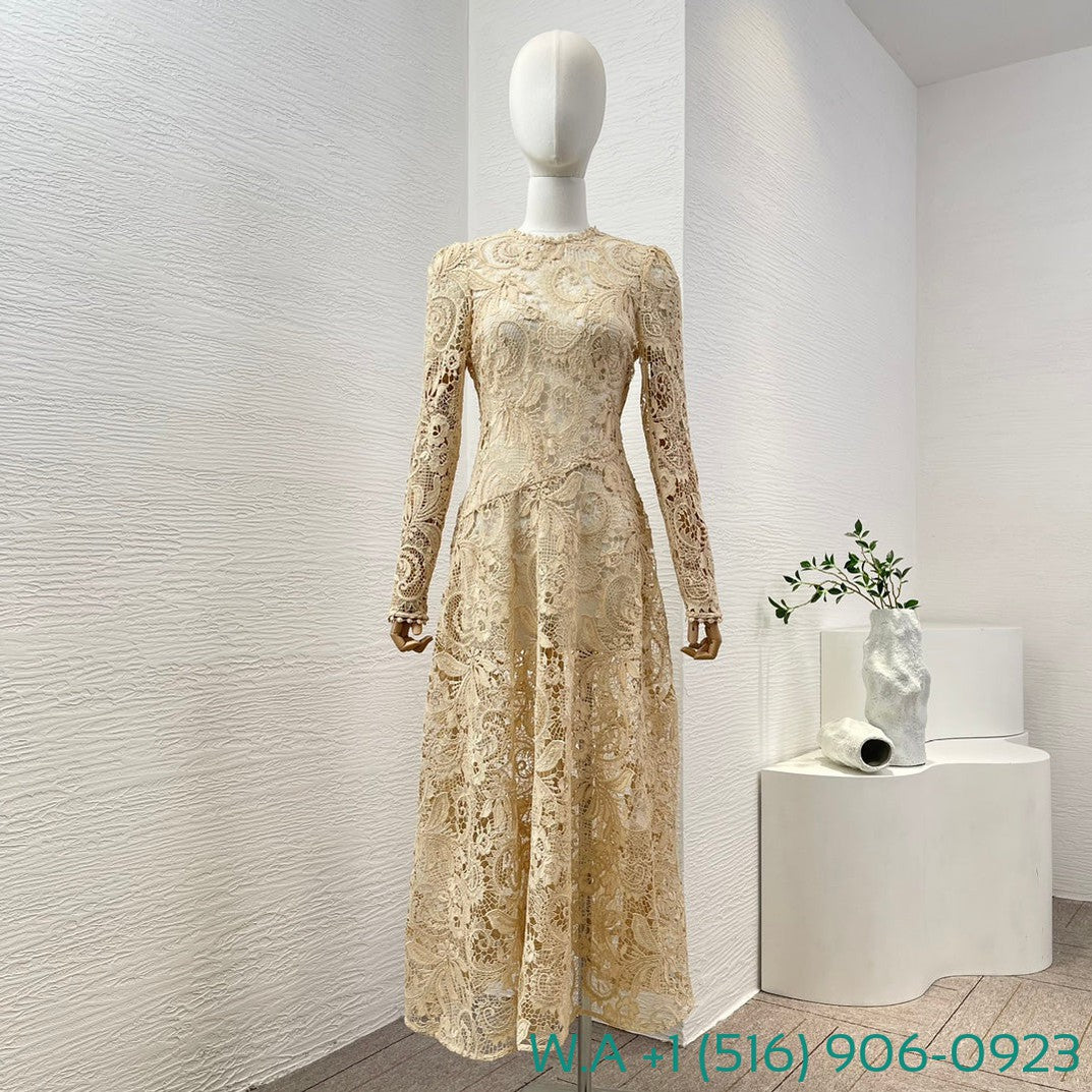 Zimmermann Beige Long Sleeve Hollow Out Lace Patchwork Tightens The Waist Midi Dress