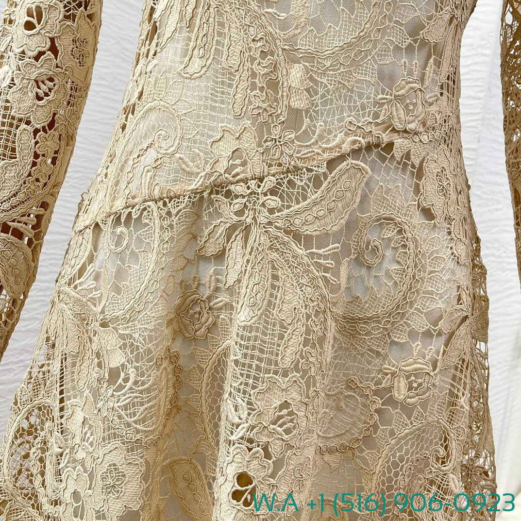 Zimmermann Beige Long Sleeve Hollow Out Lace Patchwork Tightens The Waist Midi Dress