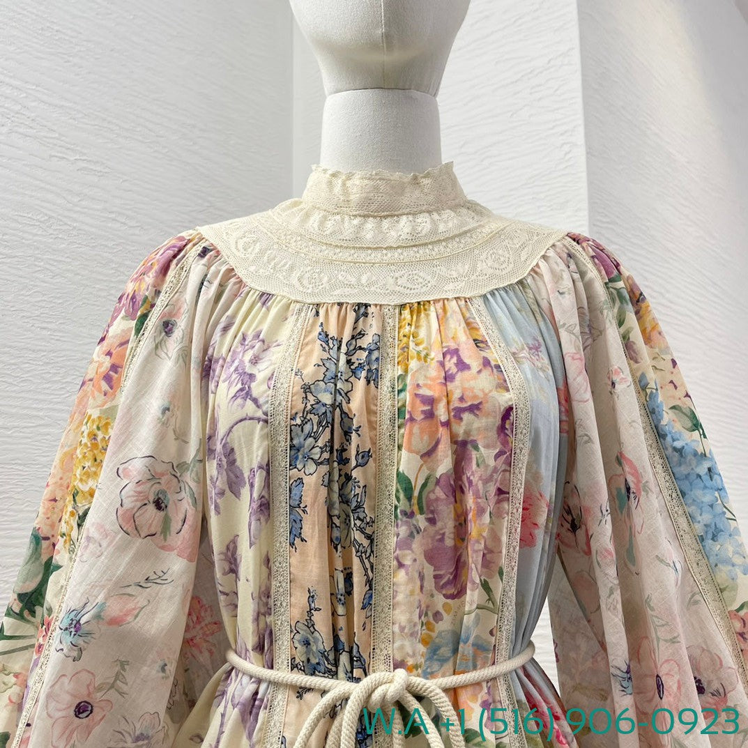 Zimmermann Beige Turtleneck Lace Patchwork Half Lantern Sleeve Mini Dress