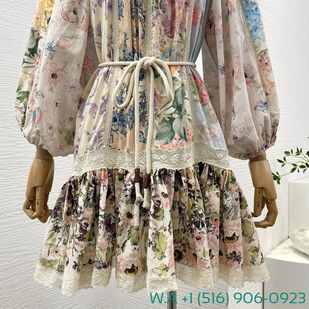 Zimmermann Beige Turtleneck Lace Patchwork Half Lantern Sleeve Mini Dress