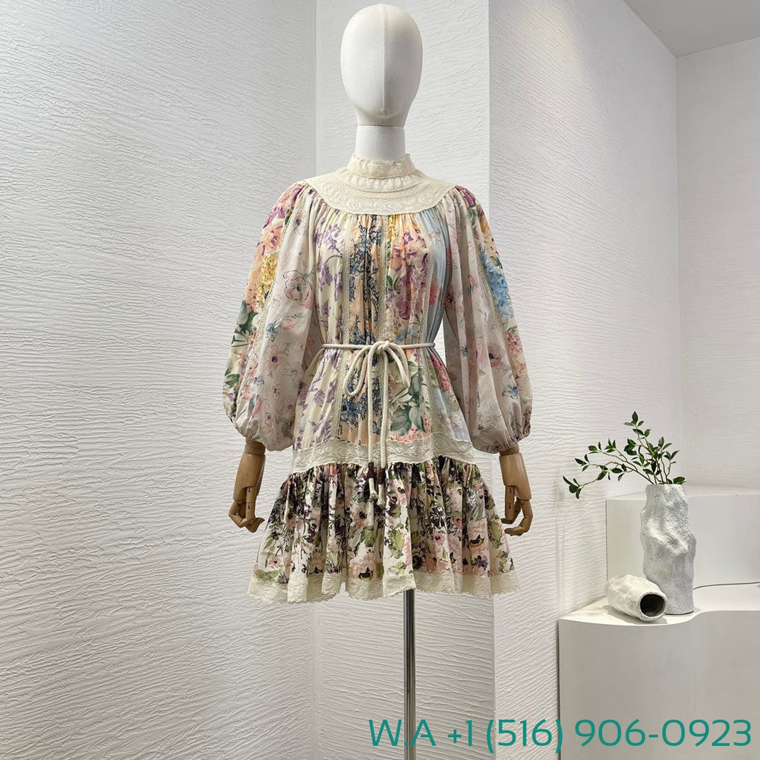 Zimmermann Beige Turtleneck Lace Patchwork Half Lantern Sleeve Mini Dress