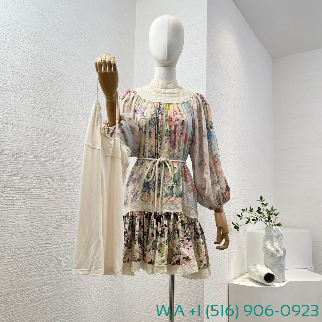 Zimmermann Beige Turtleneck Lace Patchwork Half Lantern Sleeve Mini Dress