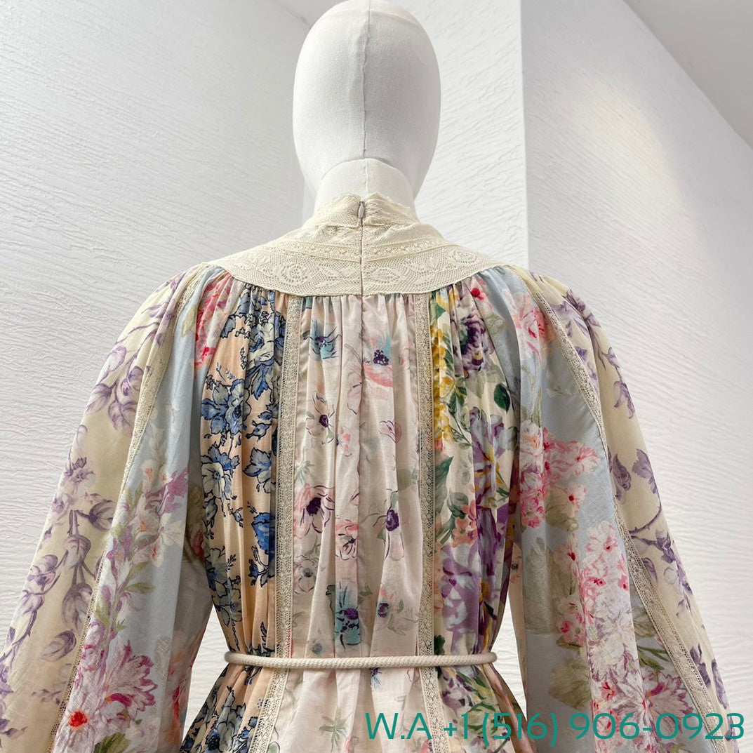 Zimmermann Beige Turtleneck Lace Patchwork Half Lantern Sleeve Mini Dress