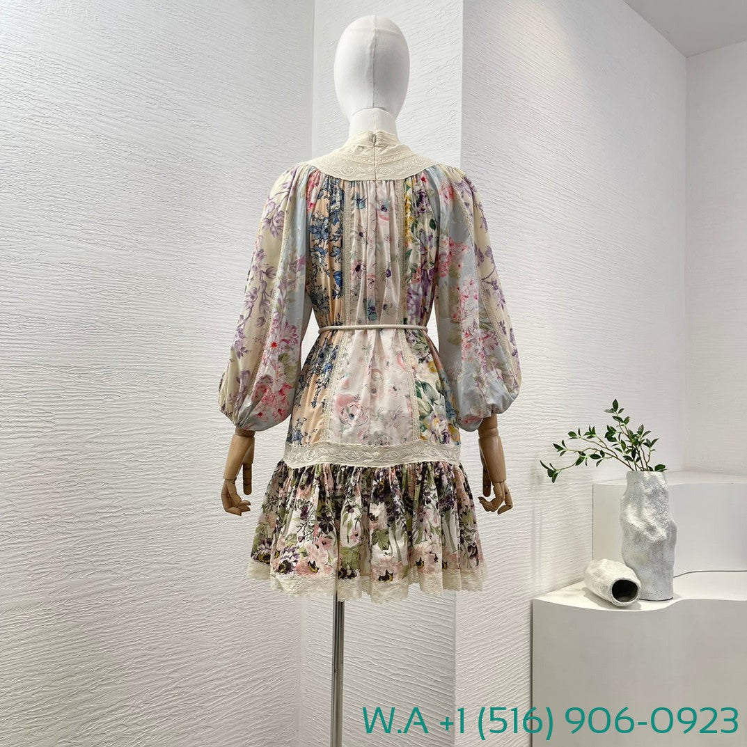 Zimmermann Beige Turtleneck Lace Patchwork Half Lantern Sleeve Mini Dress