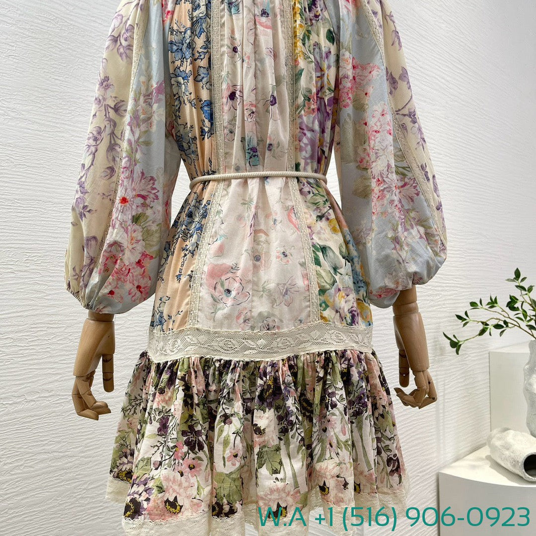 Zimmermann Beige Turtleneck Lace Patchwork Half Lantern Sleeve Mini Dress