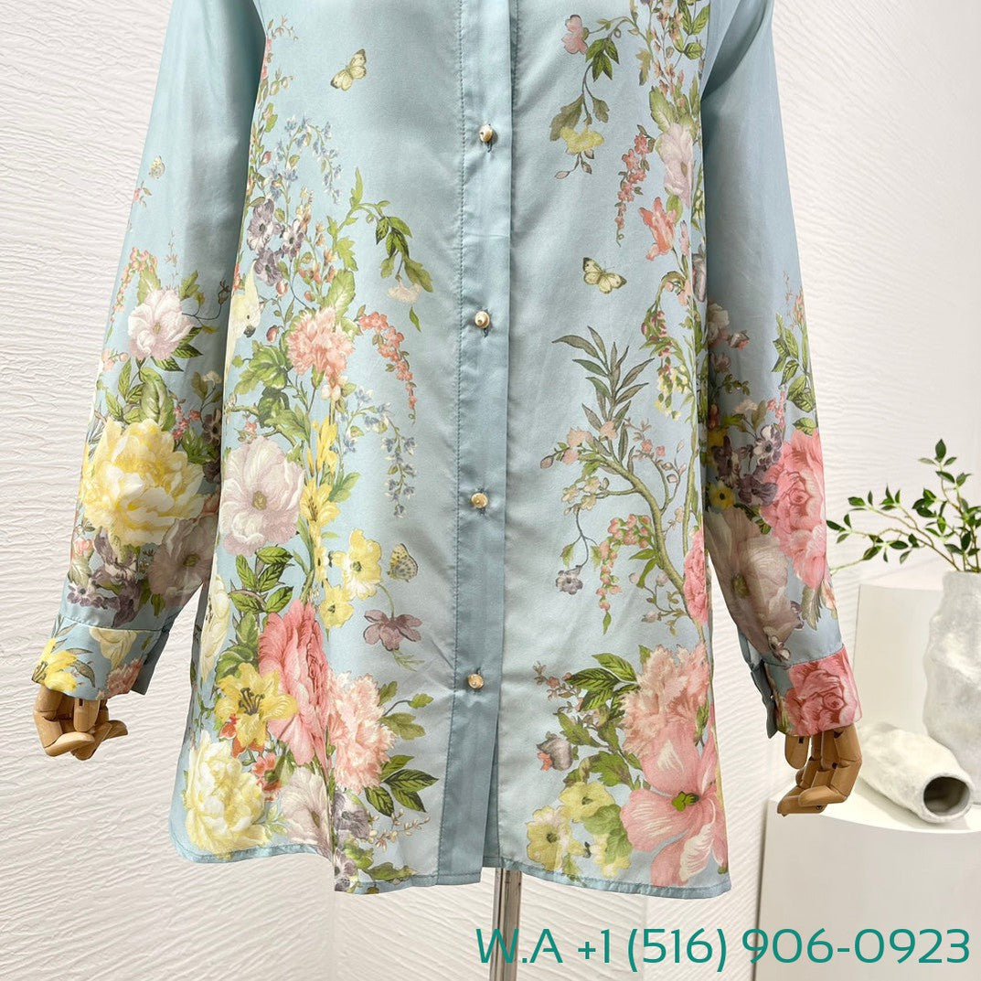 Zimmermann Sky Blue Floral Print Power Spinning Long Sleeve Blouse Tops