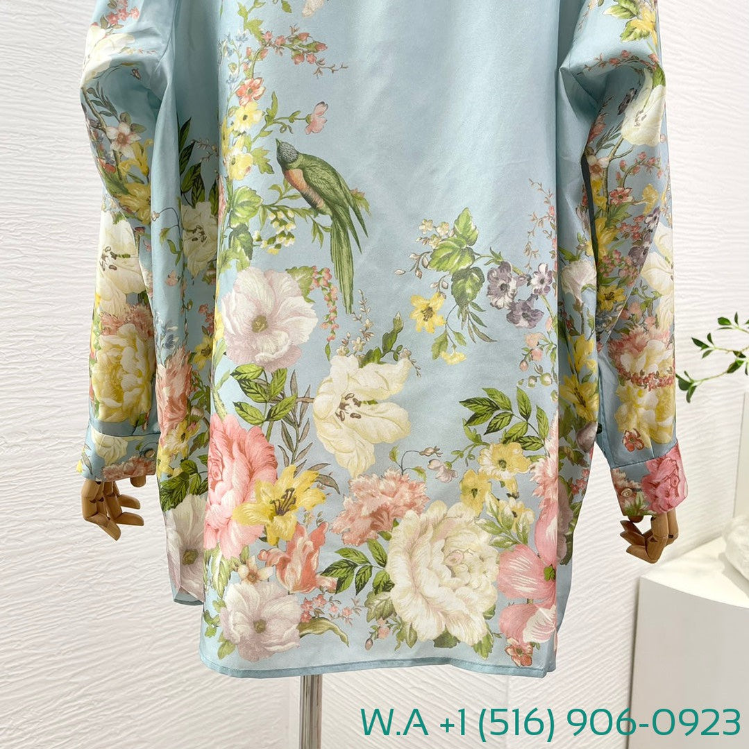 Zimmermann Sky Blue Floral Print Power Spinning Long Sleeve Blouse Tops