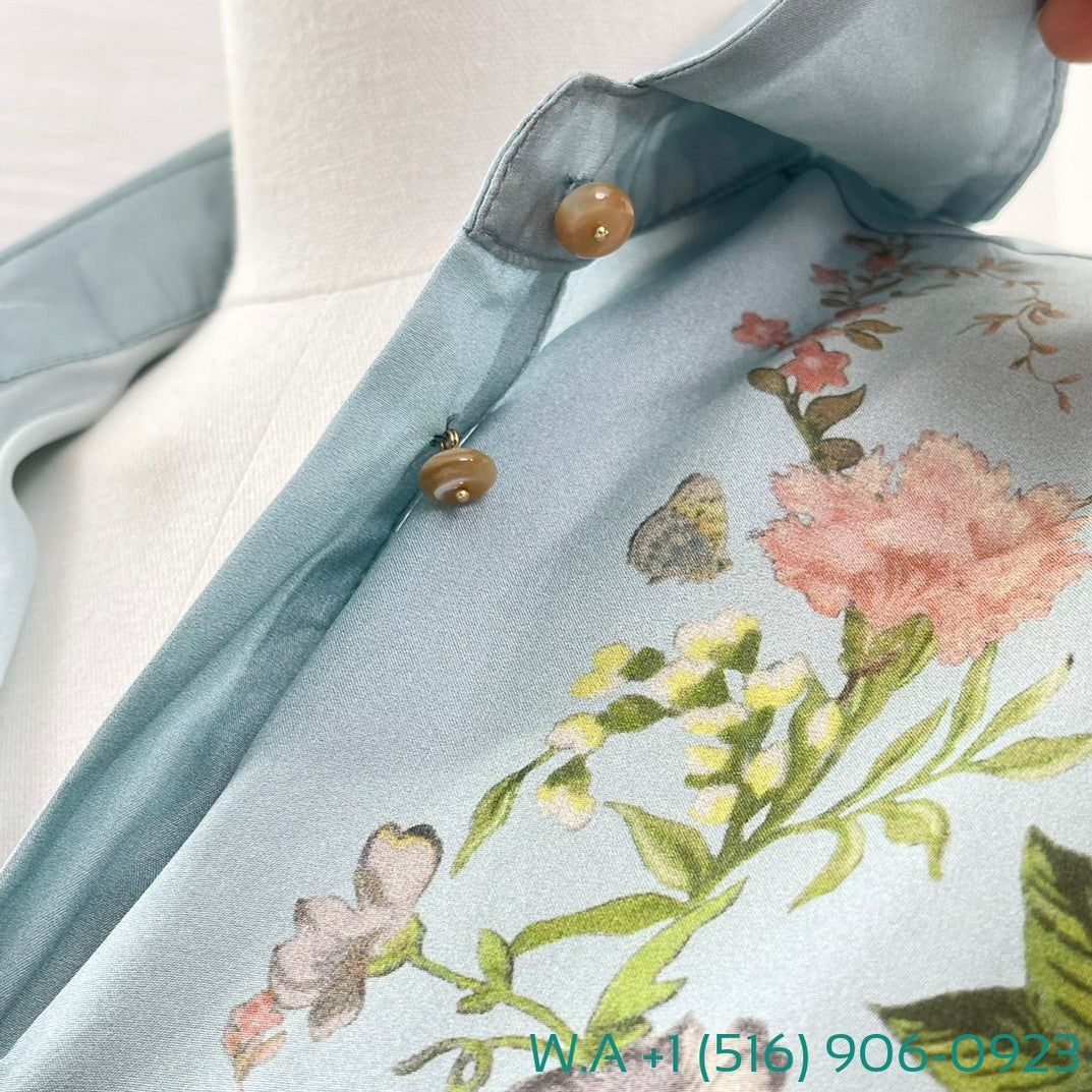 Zimmermann Sky Blue Floral Print Power Spinning Long Sleeve Blouse Tops