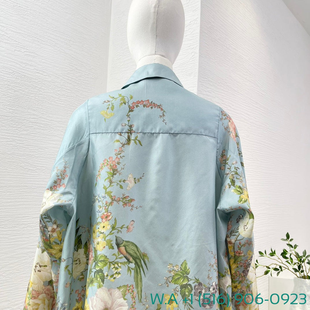 Zimmermann Sky Blue Floral Print Power Spinning Long Sleeve Blouse Tops
