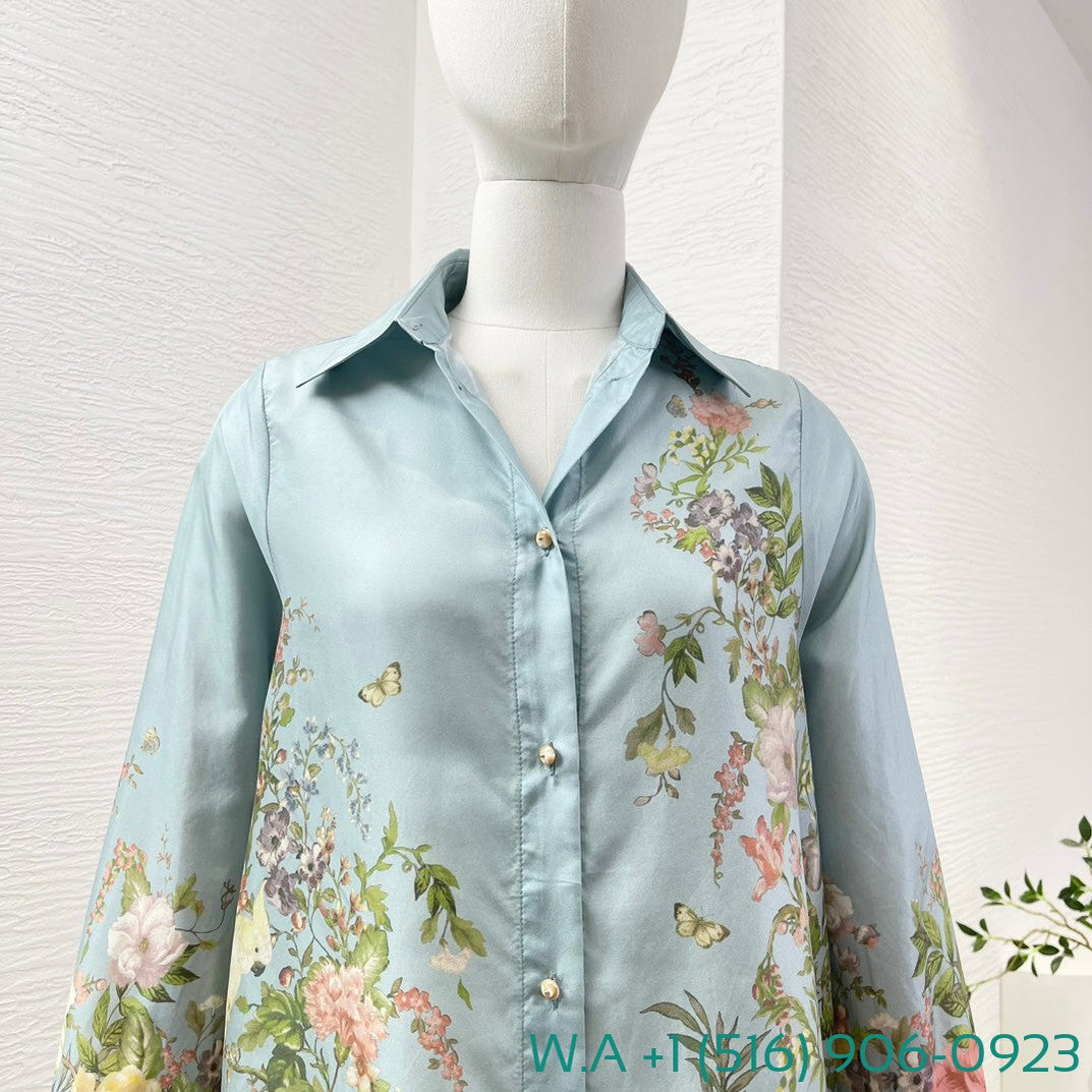 Zimmermann Sky Blue Floral Print Power Spinning Long Sleeve Blouse Tops