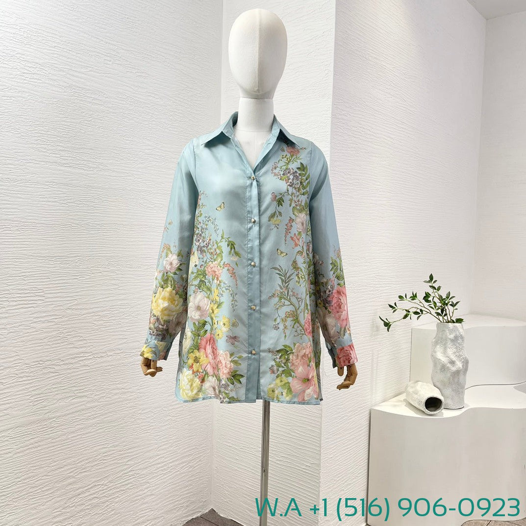 Zimmermann Sky Blue Floral Print Power Spinning Long Sleeve Blouse Tops