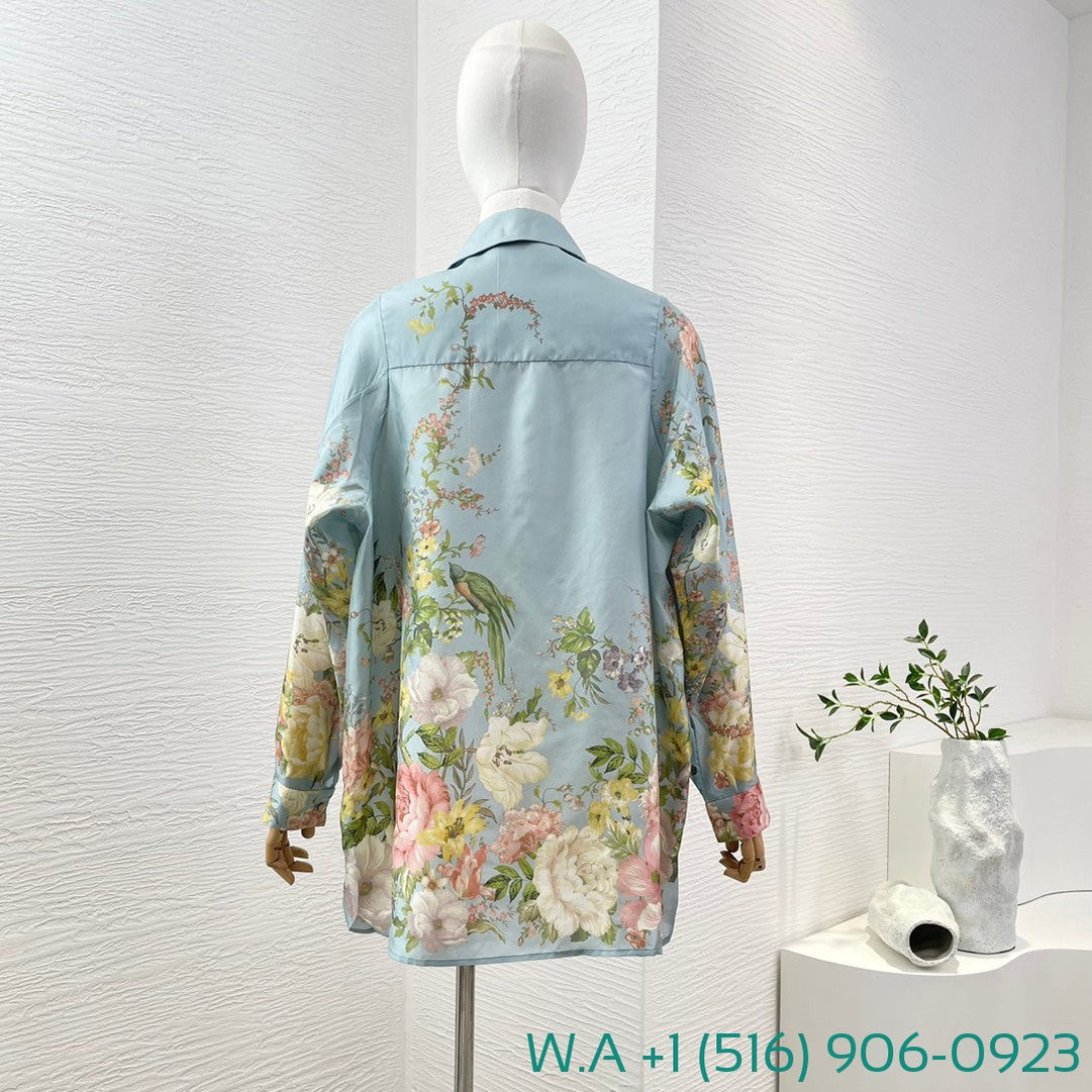 Zimmermann Sky Blue Floral Print Power Spinning Long Sleeve Blouse Tops