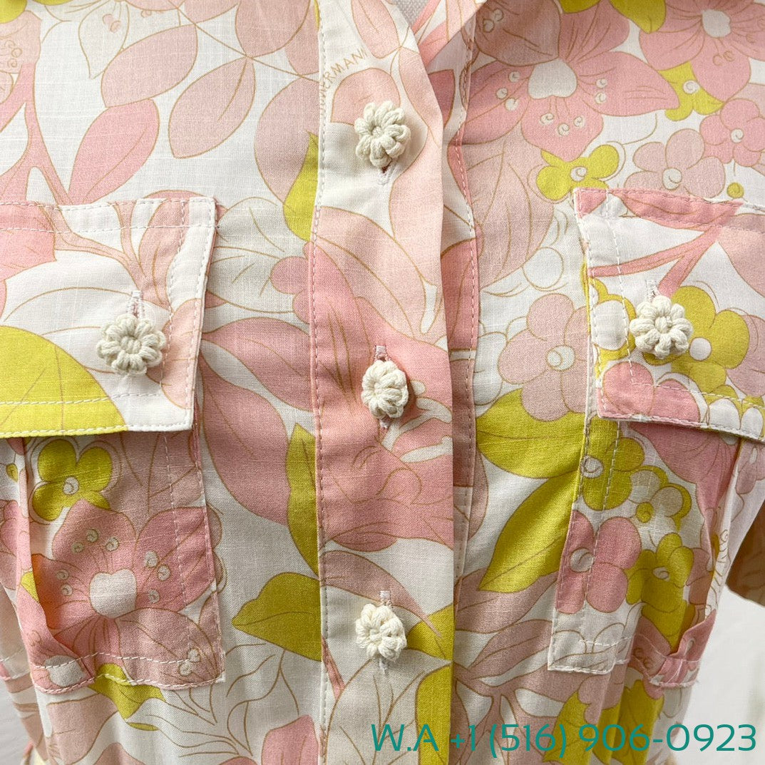 Zimmermann Pink Yellow Floral Print Short Sleeve Ruched Mini Dress