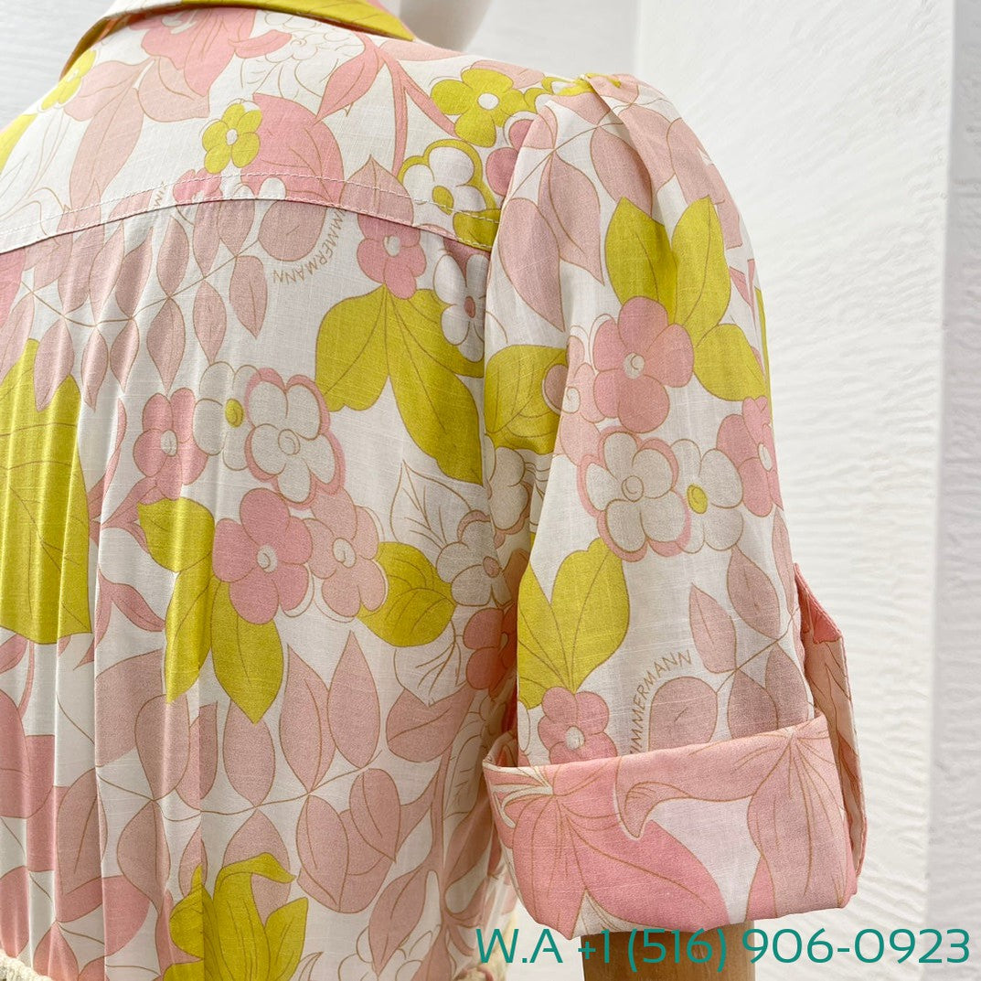 Zimmermann Pink Yellow Floral Print Short Sleeve Ruched Mini Dress