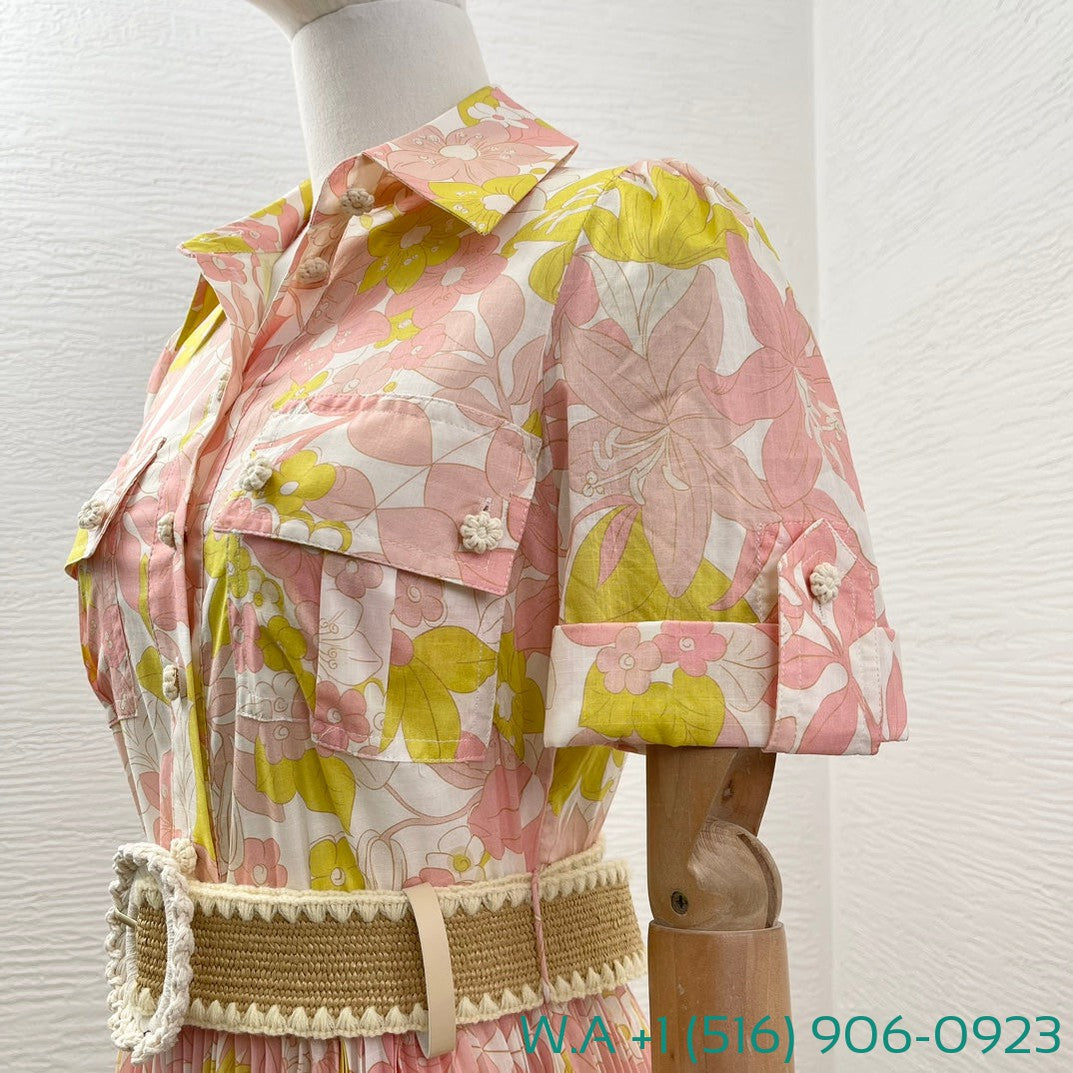 Zimmermann Pink Yellow Floral Print Short Sleeve Ruched Mini Dress