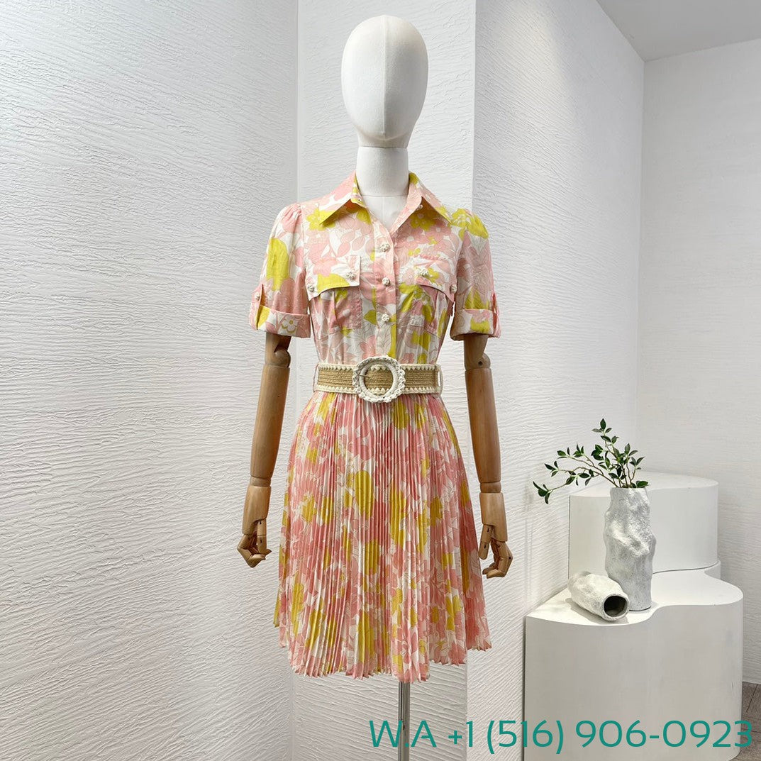 Zimmermann Pink Yellow Floral Print Short Sleeve Ruched Mini Dress