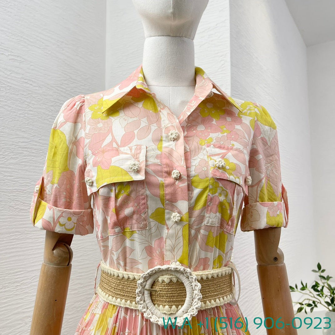 Zimmermann Pink Yellow Floral Print Short Sleeve Ruched Mini Dress