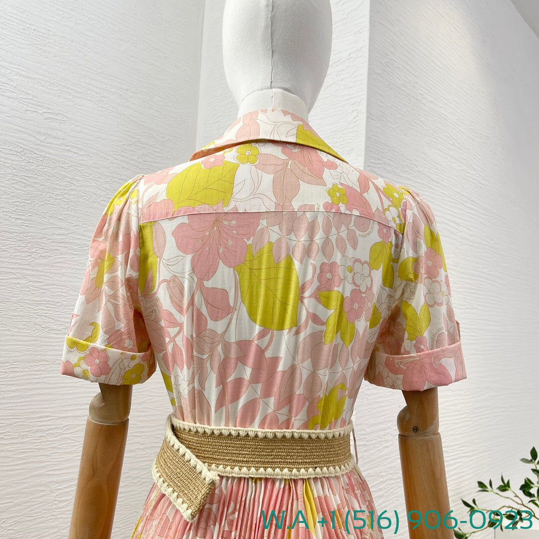 Zimmermann Pink Yellow Floral Print Short Sleeve Ruched Mini Dress