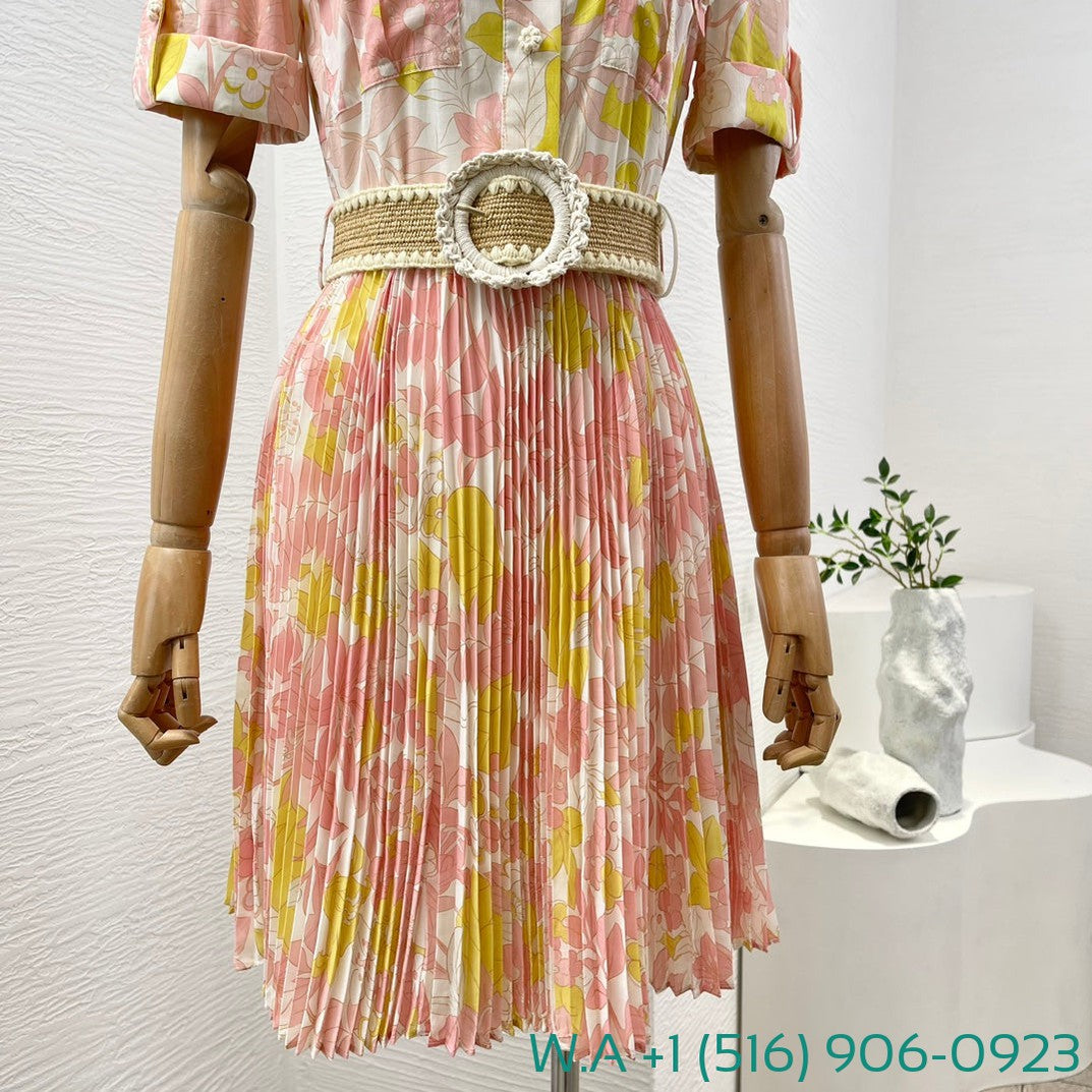 Zimmermann Pink Yellow Floral Print Short Sleeve Ruched Mini Dress