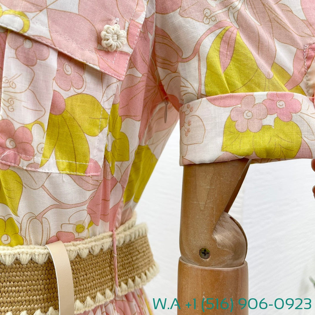 Zimmermann Pink Yellow Floral Print Short Sleeve Ruched Mini Dress